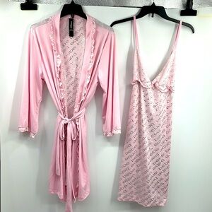 bebe pink metallic silver logo robe belt chemise 3pc set Size Extra Large
